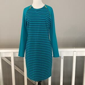 NWT MICHAEL Michael Kors Teal/Black Stripe Zipper Detail Knit Long Sleeve